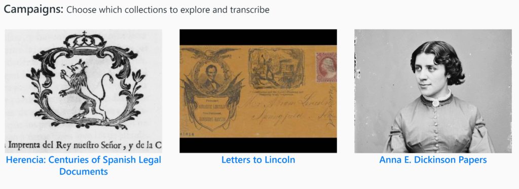 A screenshot of three different library of congress campaigns includes: Herencia: Centuries of Spanish Legal Documents, Letters to Lincoln, and Anne E. Dickinson Papers. Each campaign has a decorative thumbnail image.