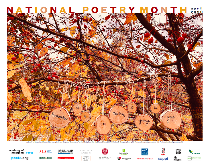 A tree with yellow leaves and red berries. It reads, "National Poetry Month April 2020" cross the top in red and orange letters. Logos of various organizations are at the bottom.
