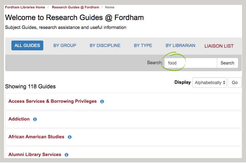 Searching Research Guides for the term "food."