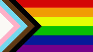 A rainbow flag with black, brown, light blue, pink, and white stripes added.