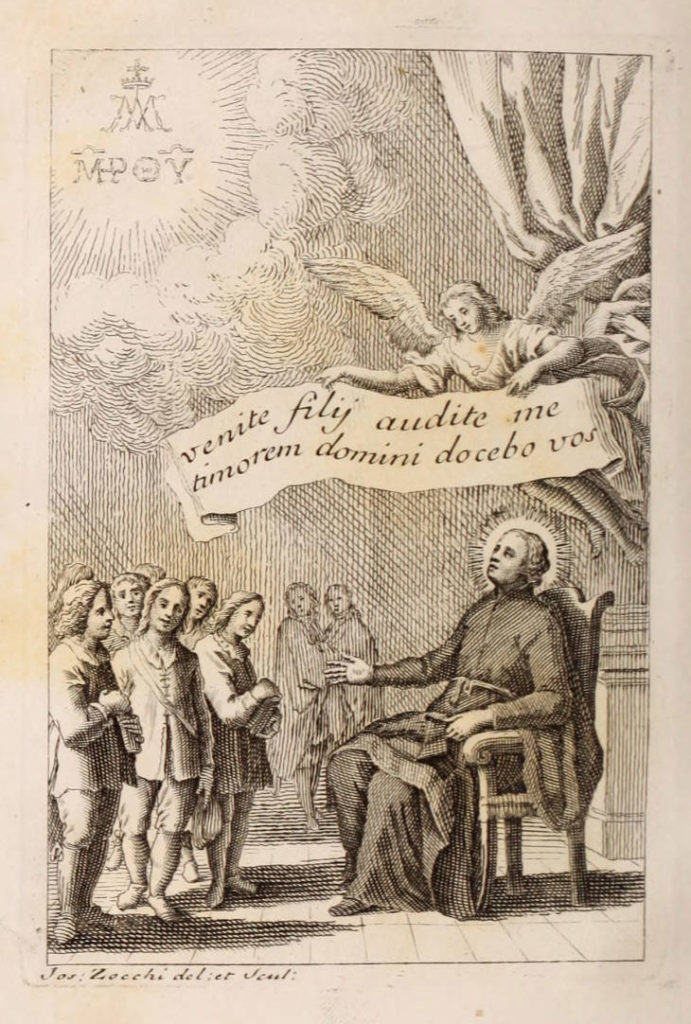 Black and white illustration of a man sitting in a chair, looking upward at an angel who is hovering above him. The angel holds a banner which reads, "Venity fily audite me timorem domini docebo vos." A group of men are standing around the man in the chair, looking towards him.