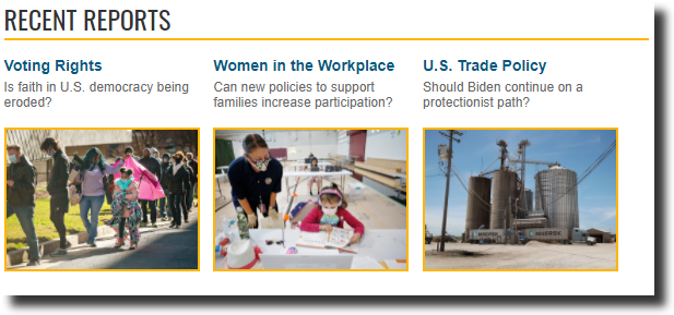 A screenshot from CQ Researcher Online featuring recent reports. Three reports are listed: "Voting Rights," "Women in the Workplace," and "U.S. Trade Policy."