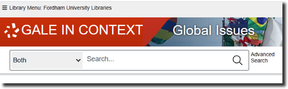 A screenshot of the Gale in Context: Global Issues search bar. The "Both" option is selected from the dropdown menu.