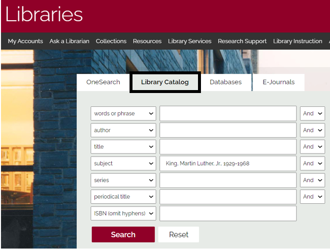 Image of the Library Catalog search box on the Fordham Libraries homepage with "King, Martin Luther, Jr. 1929-1968" typed in the subject search term box.